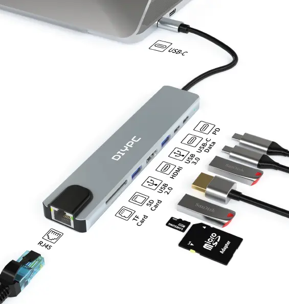 DIYPC 8合1 鋁合金 TYPE-C Hub TCH8D1 (TYPE-C PD100W + TYPE-C + USB3.0 + USB + HDMI 4K + RJ45 Lan Port + SD / TF 讀咭器 )