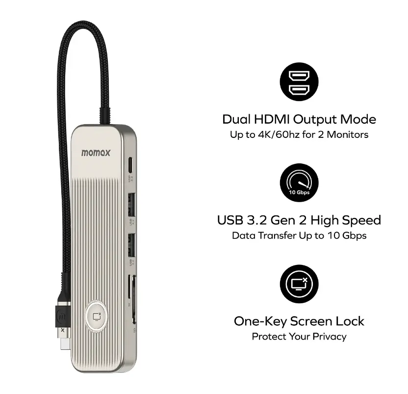MOMAX DH19 1-LINK 9合1多功能擴展塢 ( 2 x HDMI 4K60Hz + TYPE-C PD100W + MAX. 105MBPS SD / TF CARD READER + USB-C 3.2 GEN2 + 2 x USB 3.2 GEN2 + GIGABYTE RJ45 LAN PORT )