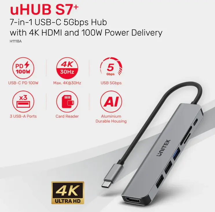 UNITEK H1118A uHUB S7+ 7 合 1 超纖薄多媒體 USB-C Hub ( HDMI 4K30Hz + TYPE-C PD100W + 3 x USB + SD and MICRO SD CARD READER )