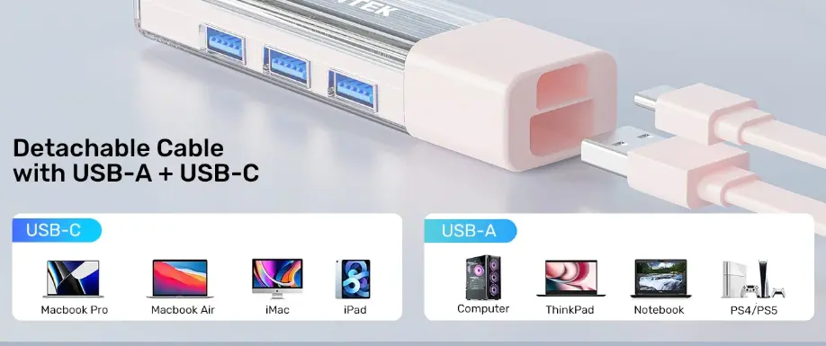 UNITEK H1319AWH 雙向 USB 集線器附可拆卸 USB-C 線