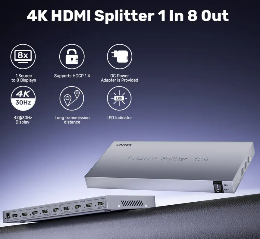 UNITEK V1132A01-UK 4K30Hz HDMI 分配器 (1入8出)