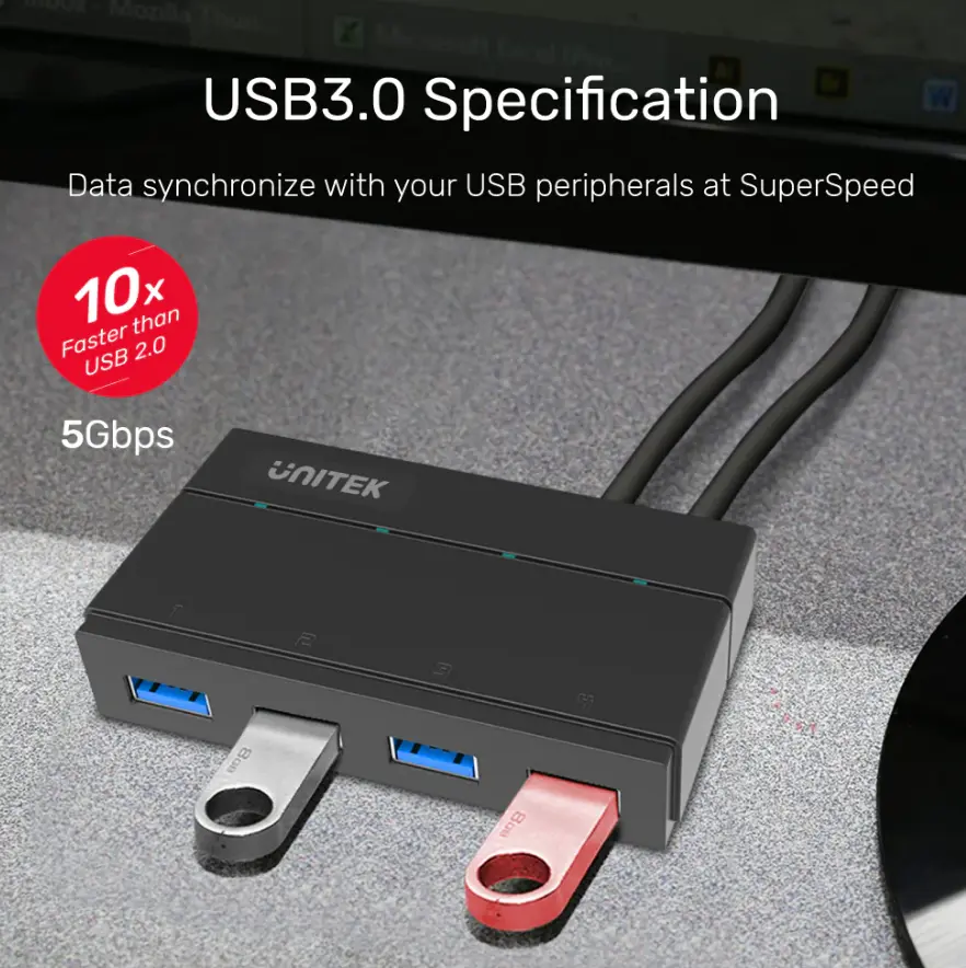 UNITEK Y-HB03001 4接口 USB Hub 配有DC 12V2A 電源轉換器供電