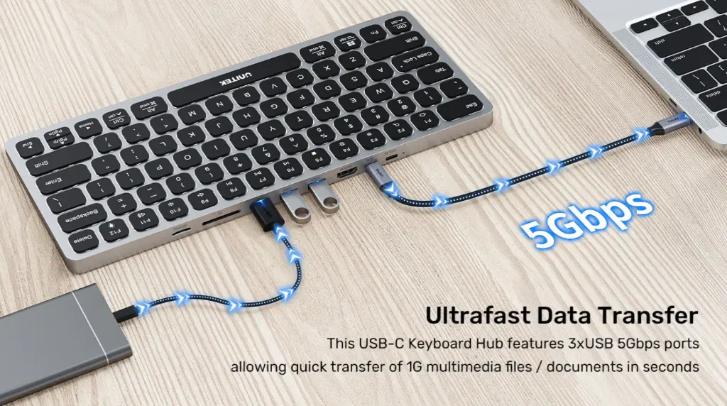 UNITEK 多功能 9合1 USB-C KEYBOARD HUB D1092A ( HDMI 4K60HZ + TYPE-C PD100W + 3 x USB + 3.5MM AUDIO + SD , MICRO SD CARD READER )